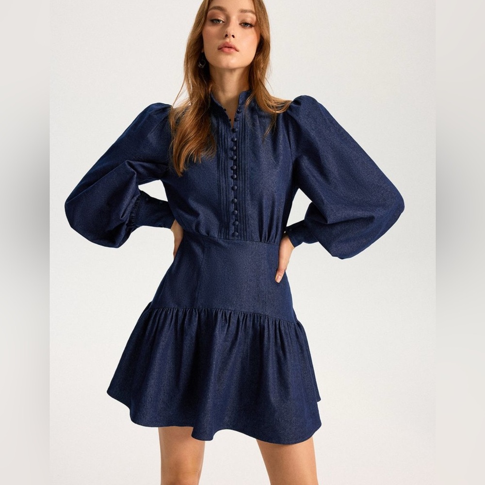 Commense Denim Stand Collar Puff Sleeve Mini Dress